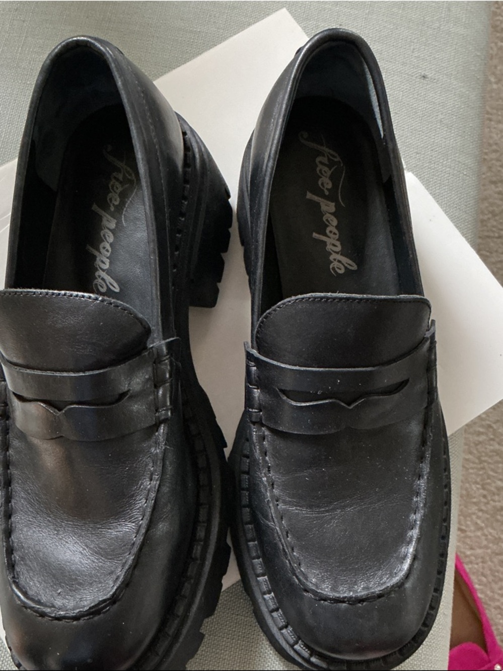Free People Black Leather Lug Sole Penny Loafers